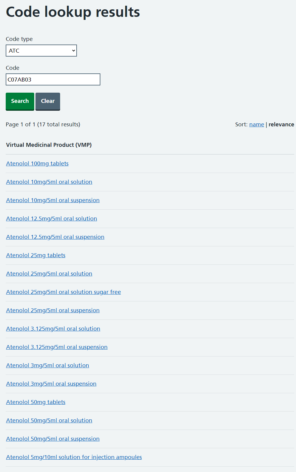 Code lookup results showing multiple VMP entries of the ATC.