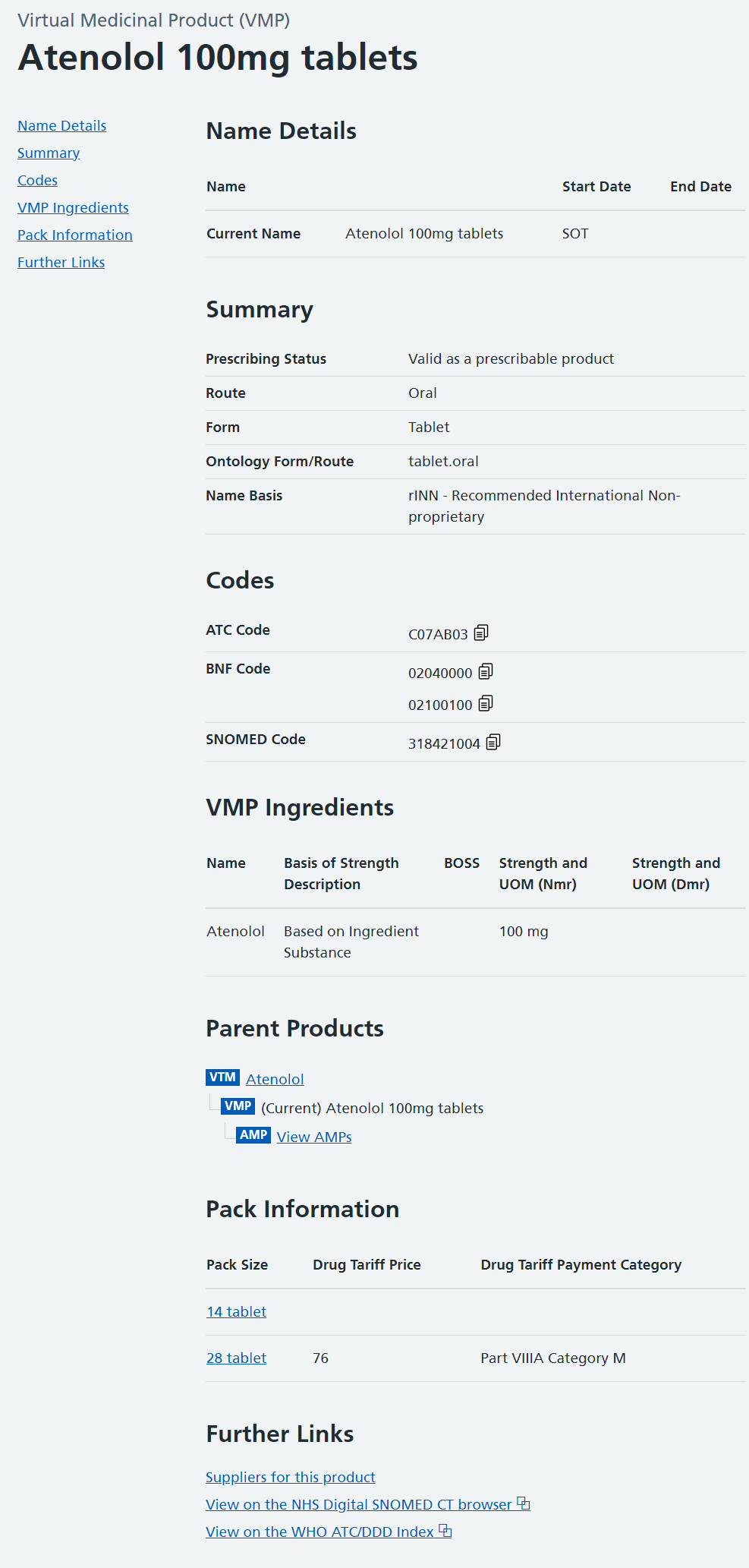 A VMP entry, including links multiple parent products, packs or further information.