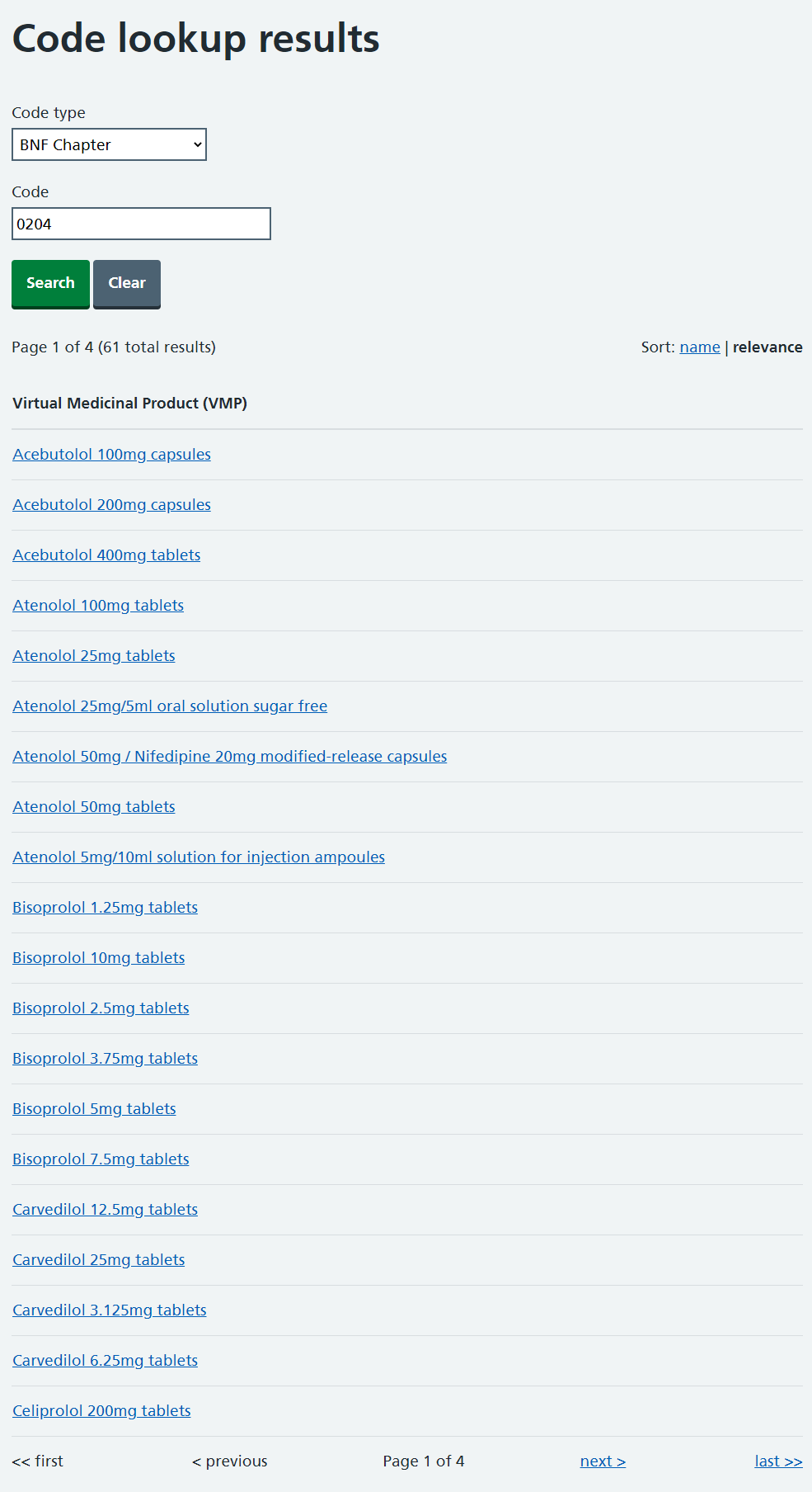 User guide Code search British National Formulary (BNF) Chapter