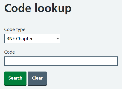 A code lookup with a BNF Chapter code type.