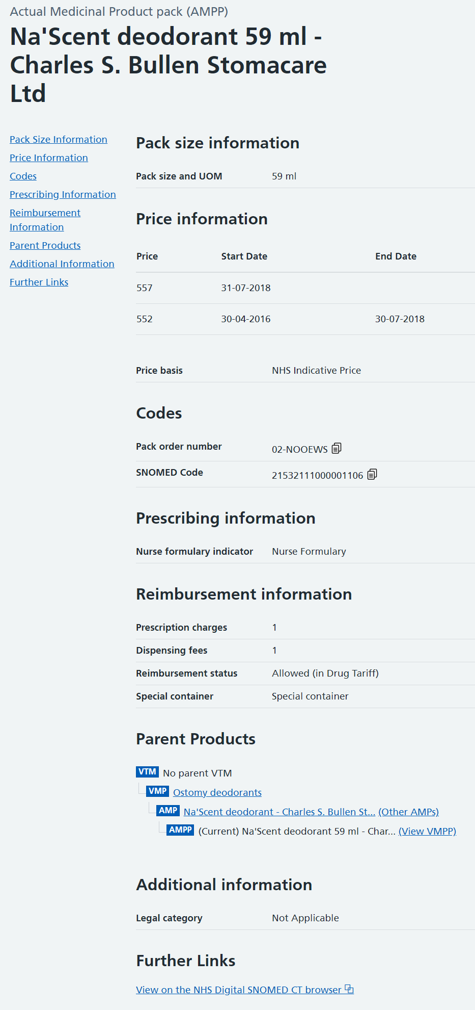 An Actual Medicinal Product Pack entry, including links to multiple parent products, additional or further information.