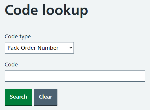 A code lookup with a Pack Order Number code type.