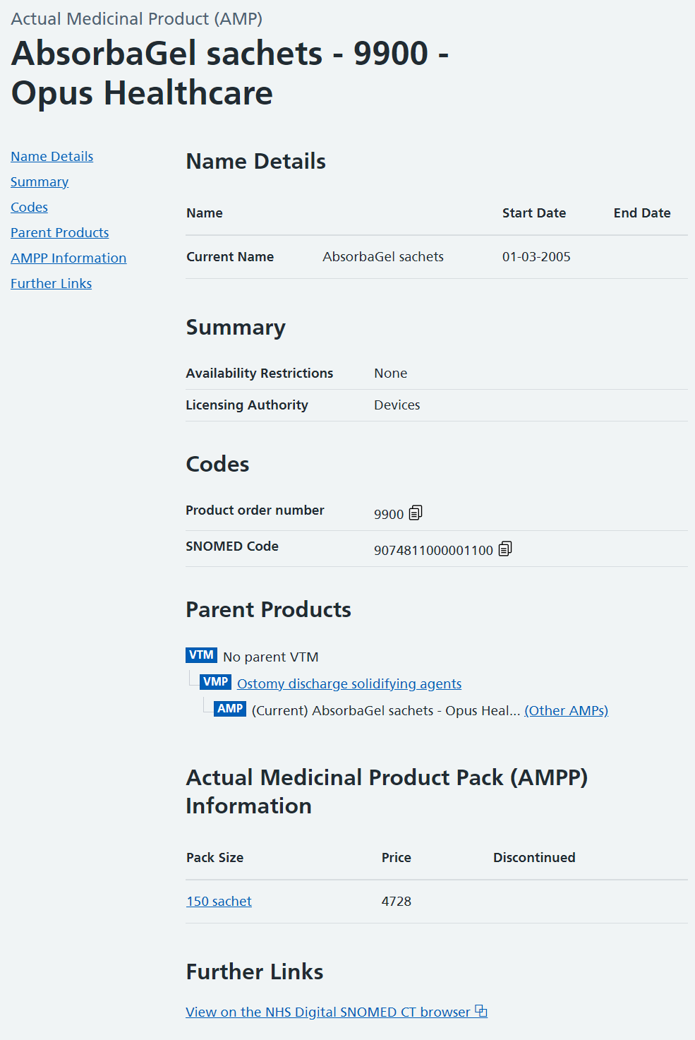 An AMP entry, including links to multiple parent products, additional or further information.