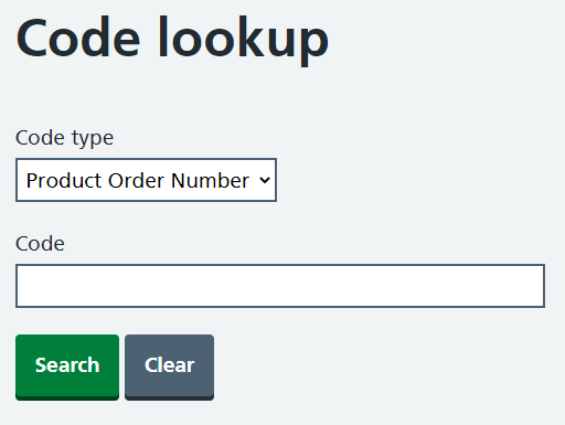 A code lookup with a Product Order Number code type.