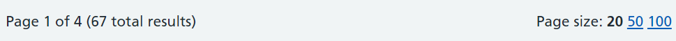 Search results tab with a default number of 20 entries with the option to change it to view 50 or 100 results per page.