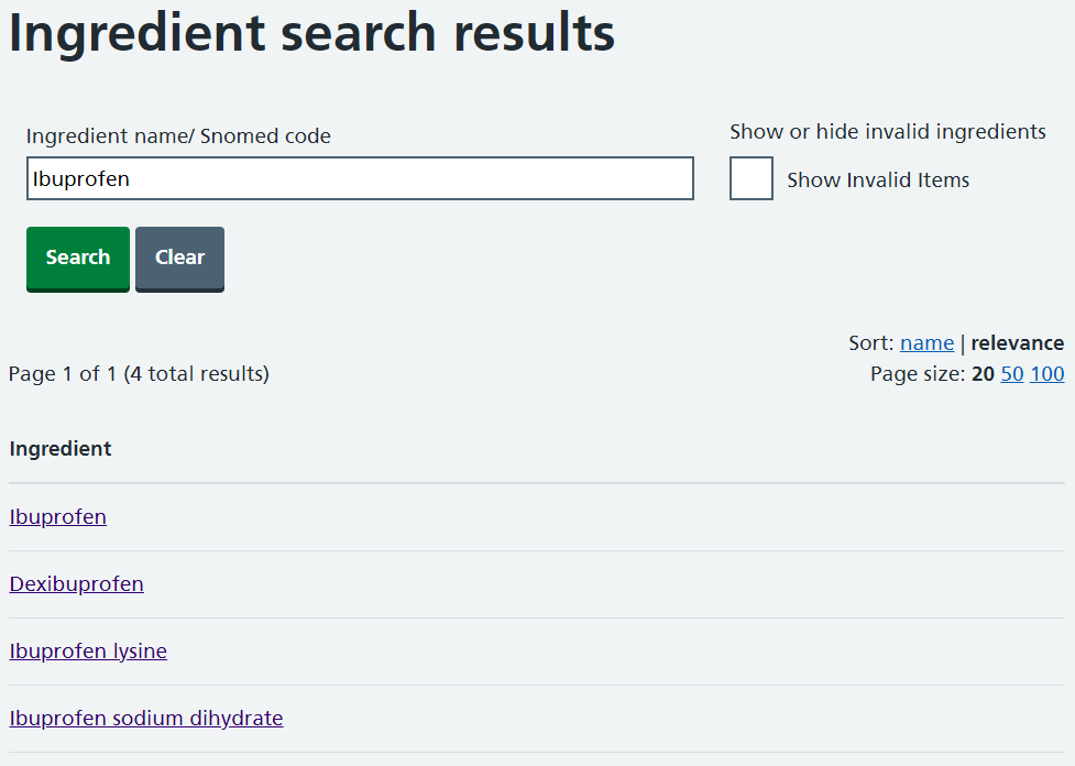 Ingredient search results showing multiple ingredient entries of Ibuprofen.