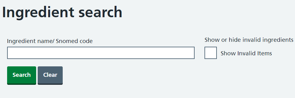 Ingredient search with a checkbox for showing invalid entries.
