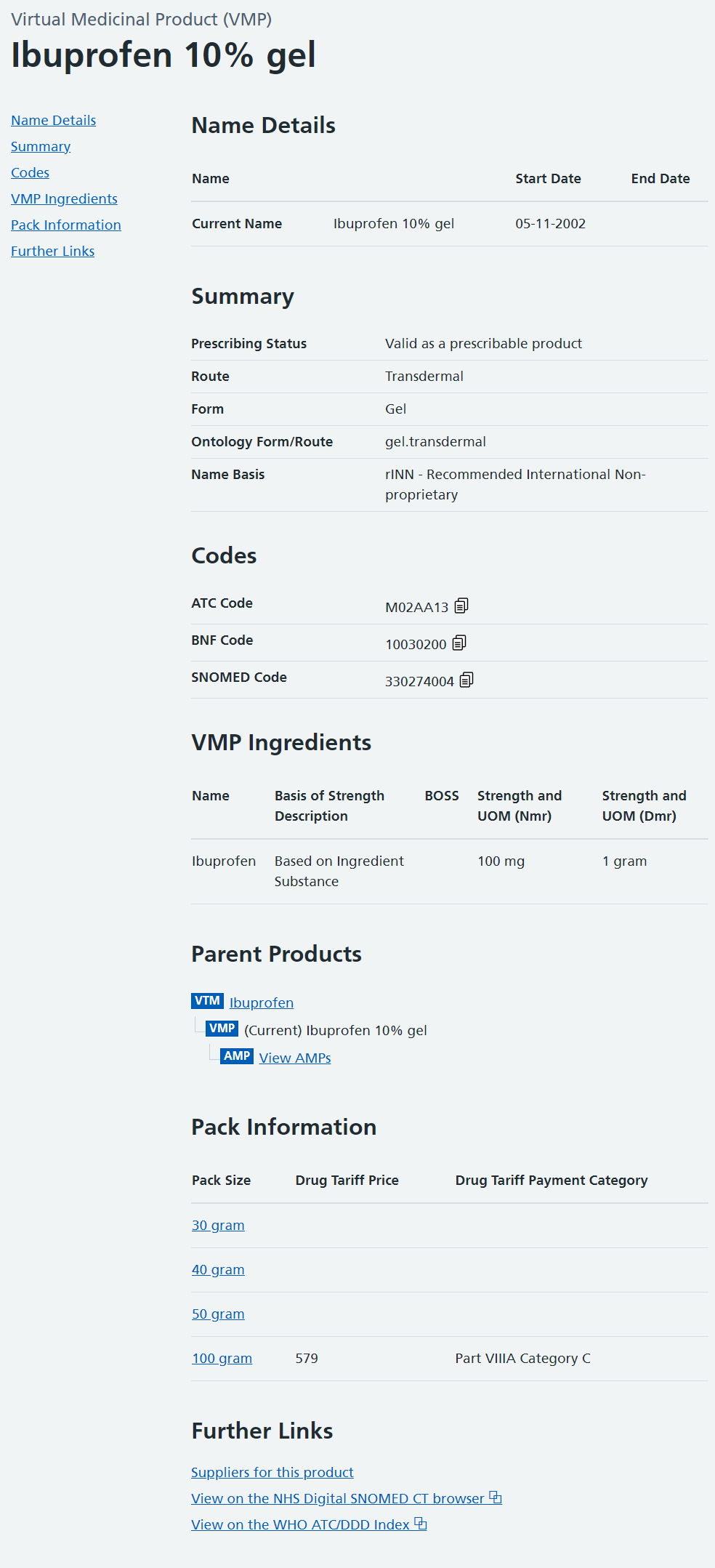 A VMP entry, including the hyperlinks to multiple parent products, packs or further information.