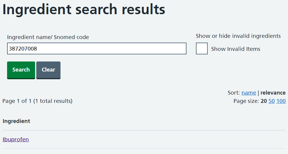 Ingredient search results showing ingredient entry of the SNOMED code.