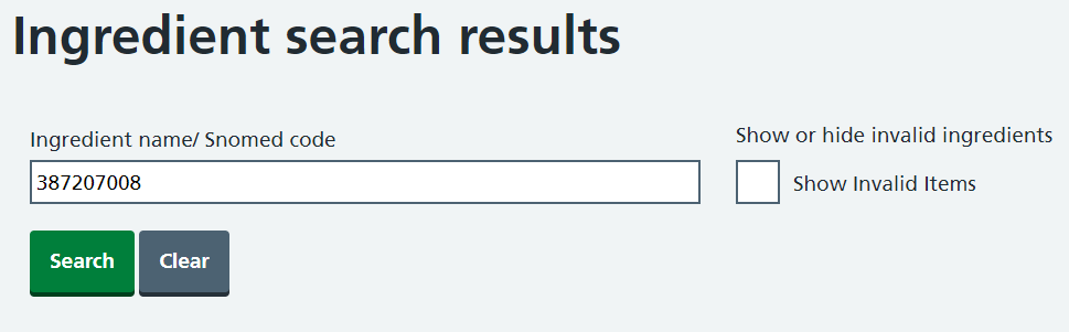 Ingredient search with a checkbox for showing invalid entries.