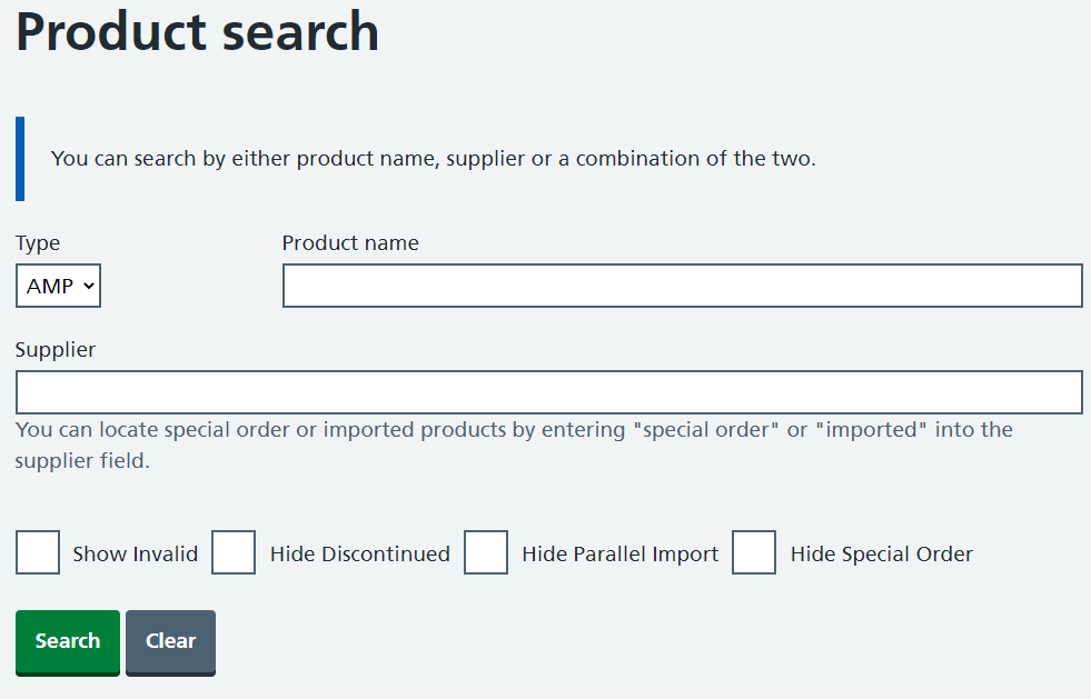 Product search with an AMP type and four checkboxes for showing invalid and hiding discontinued, parallel import and special order entries.