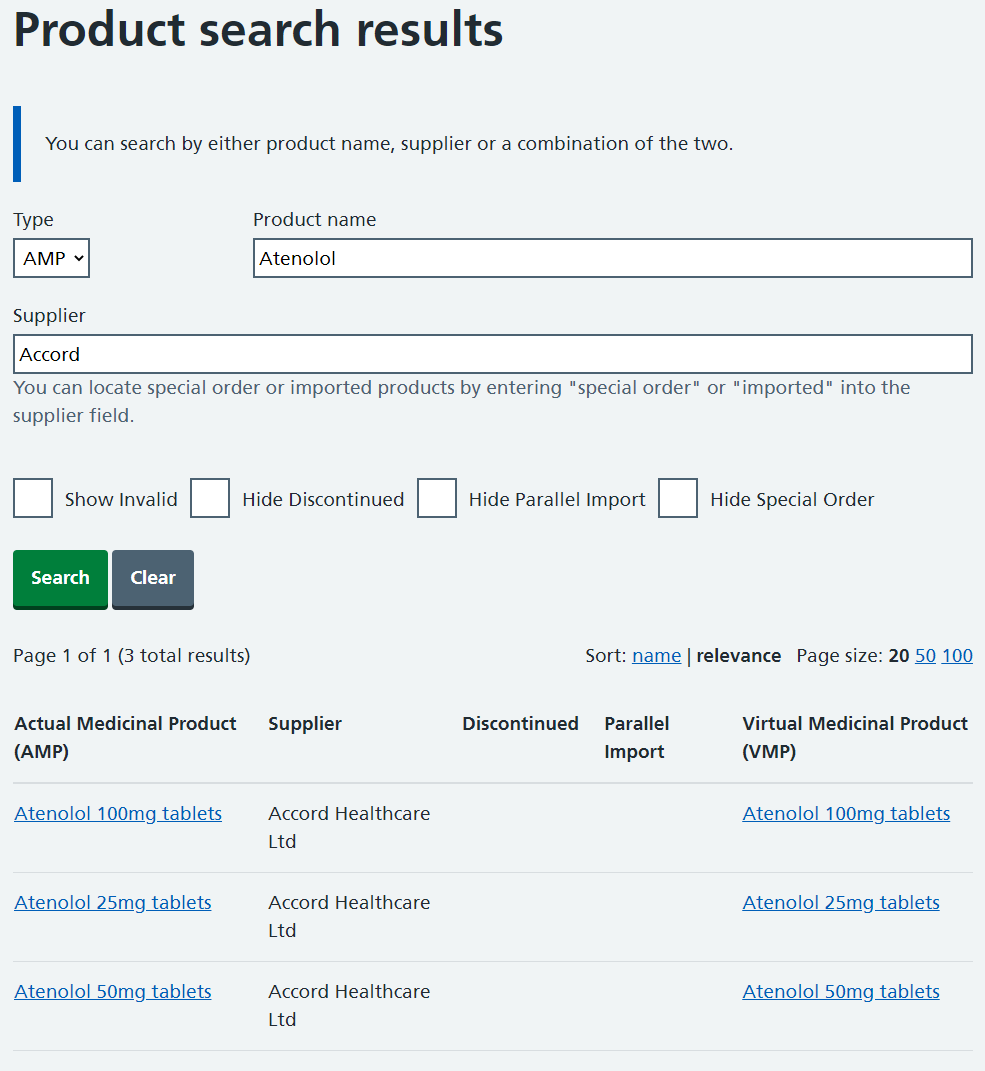 Product search with an AMP type, Supplier name and four checkboxes for showing invalid and hiding discontinued, parallel import and special order entries