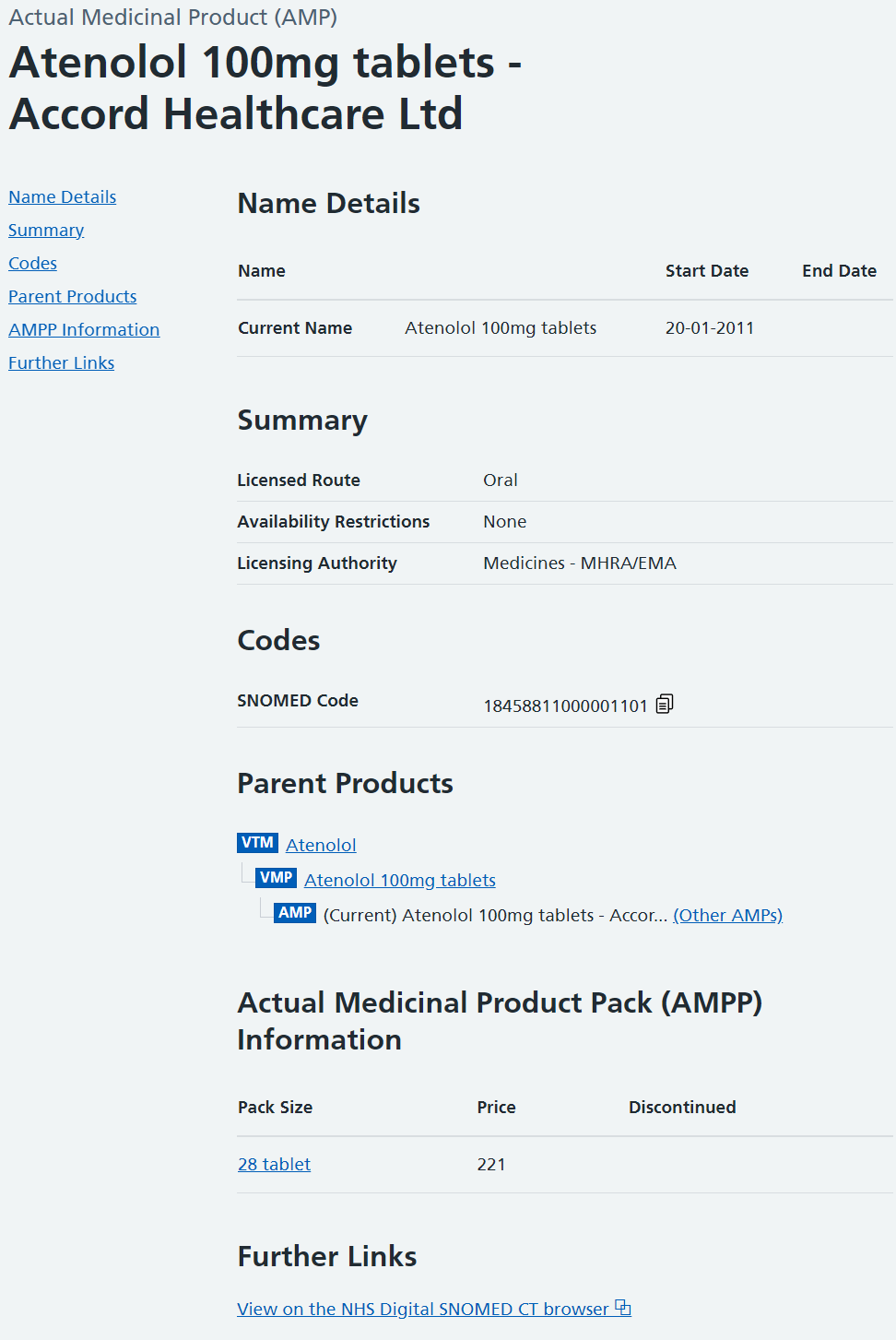 An AMP entry, including links to multiple parent products, packs or further information.