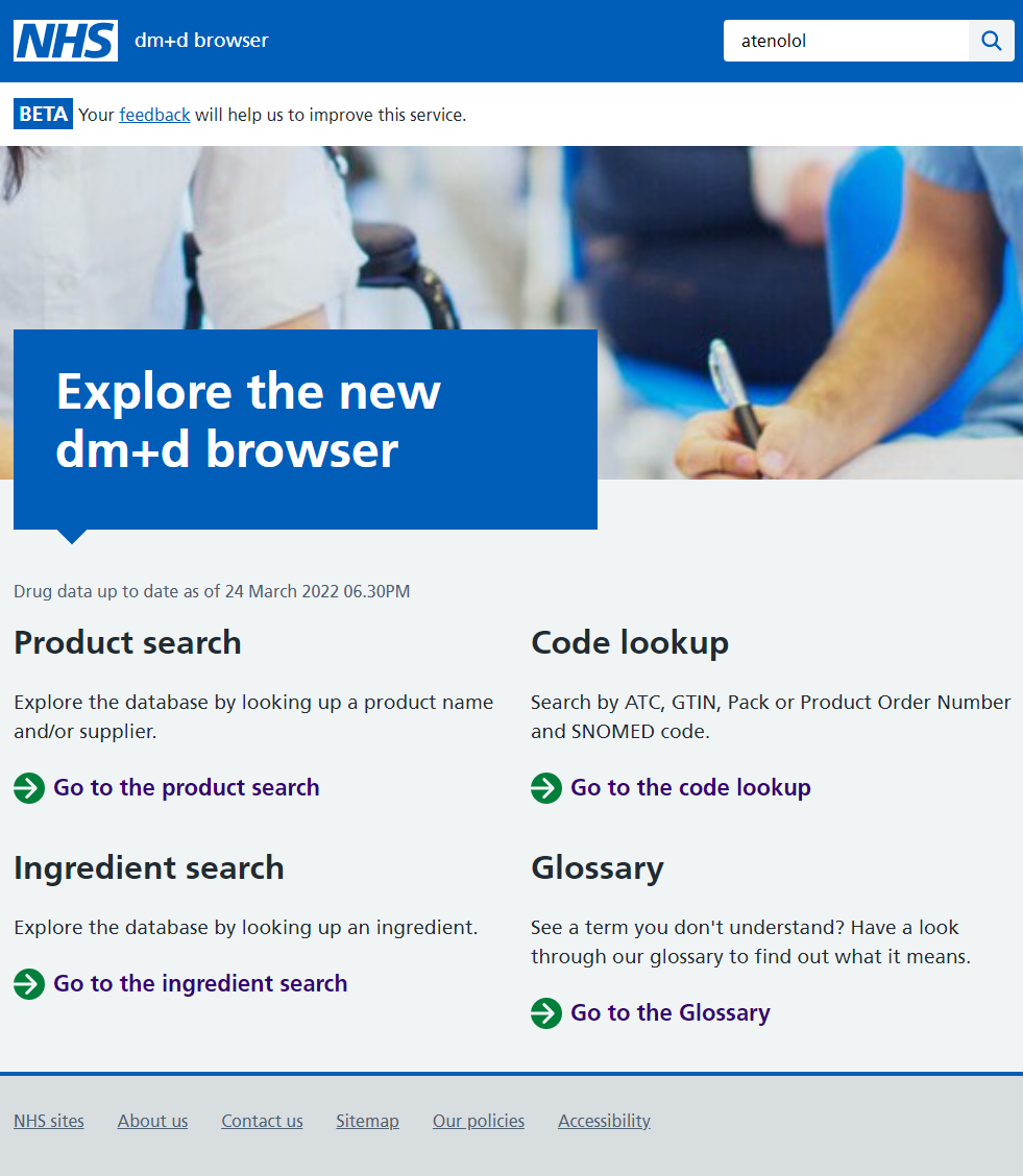 dm+d browser homepage with a product search bar in the top right corner with a value of Atenolol.