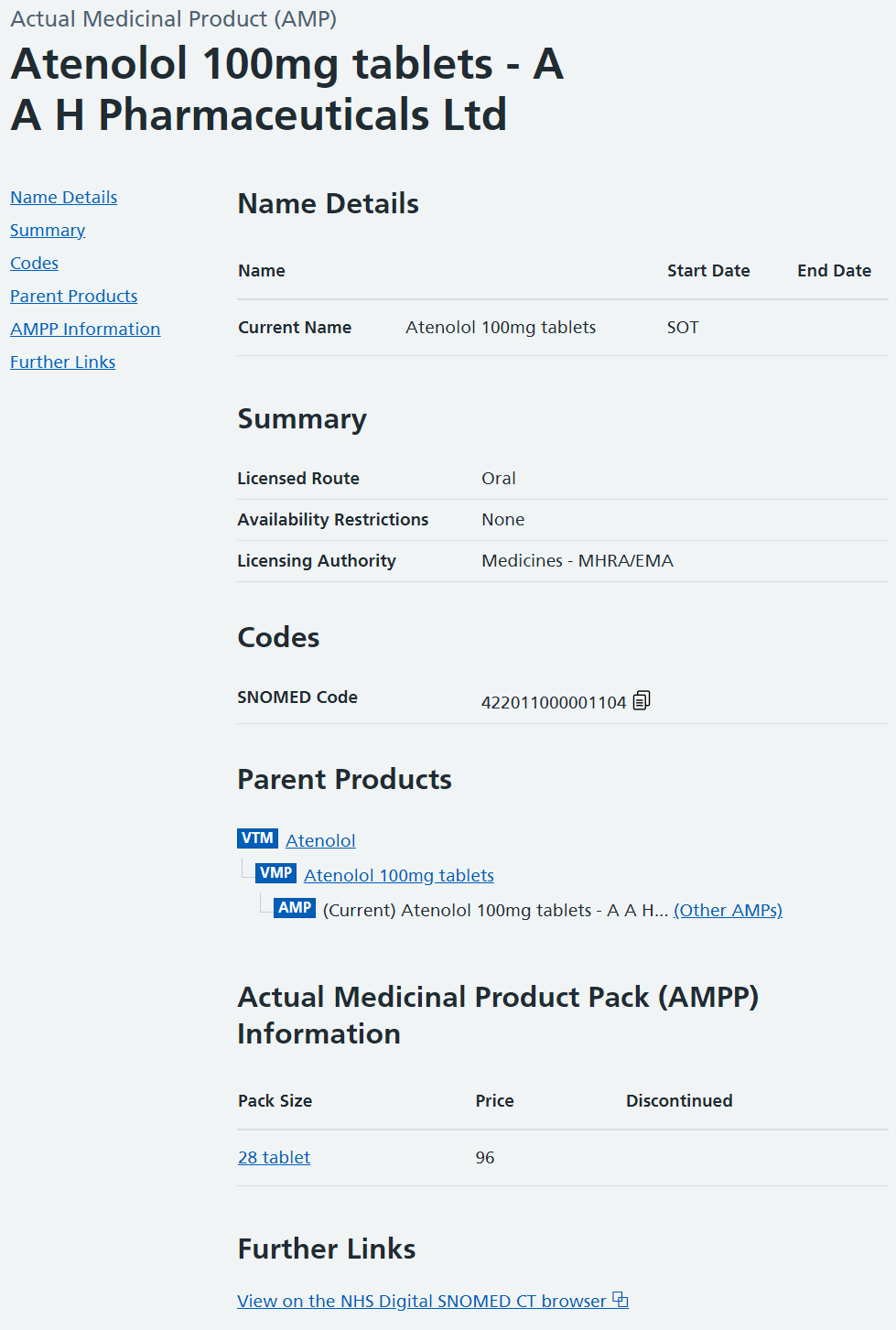 An AMP entry, including links to multiple parent products, packs or further information.