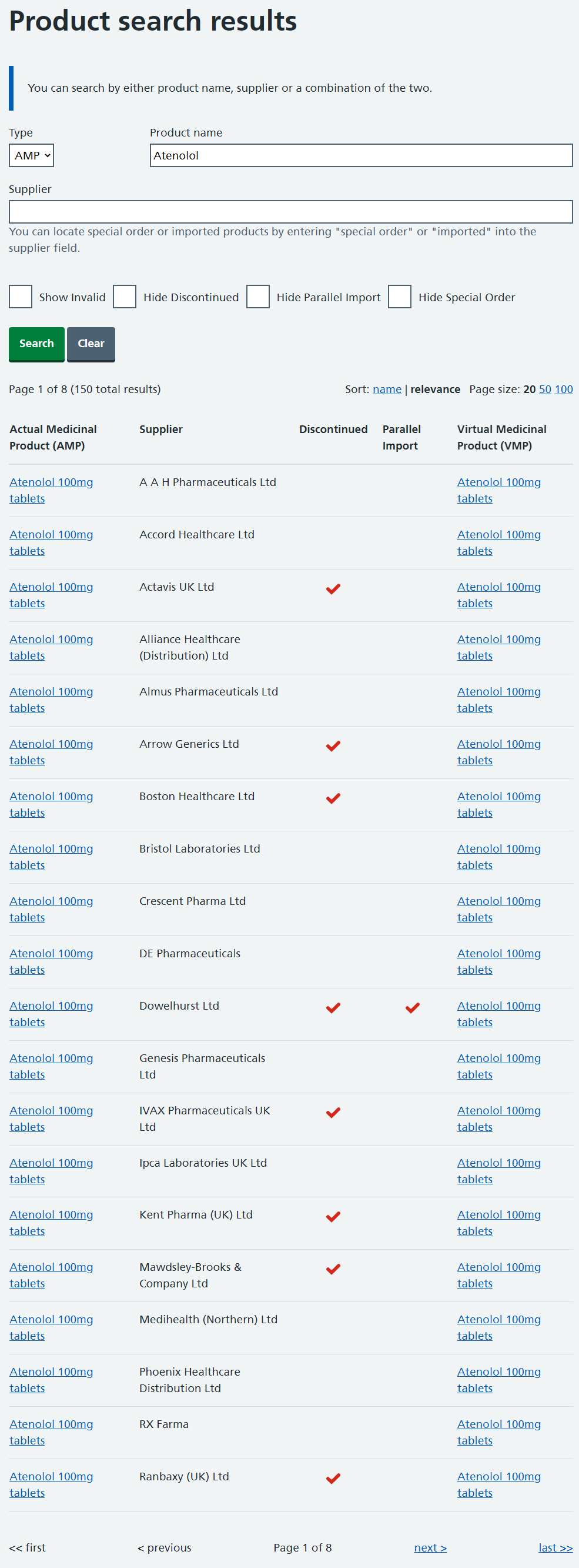 Product search results showing multiple entries of an AMP type of Atenolol.