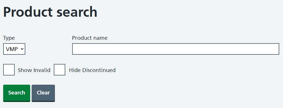 Product search with a VMP type and two checkboxes for showing invalid and hiding discontinued entries.