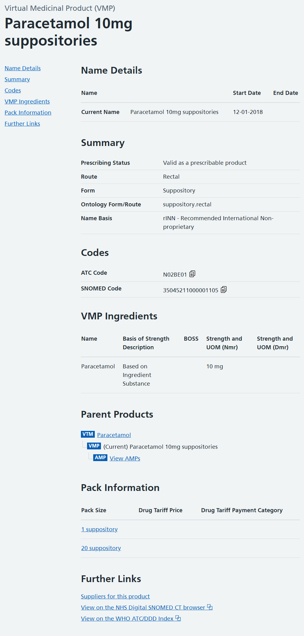 A VMP entry, including the hyperlinks to multiple parent products, packs or further information.