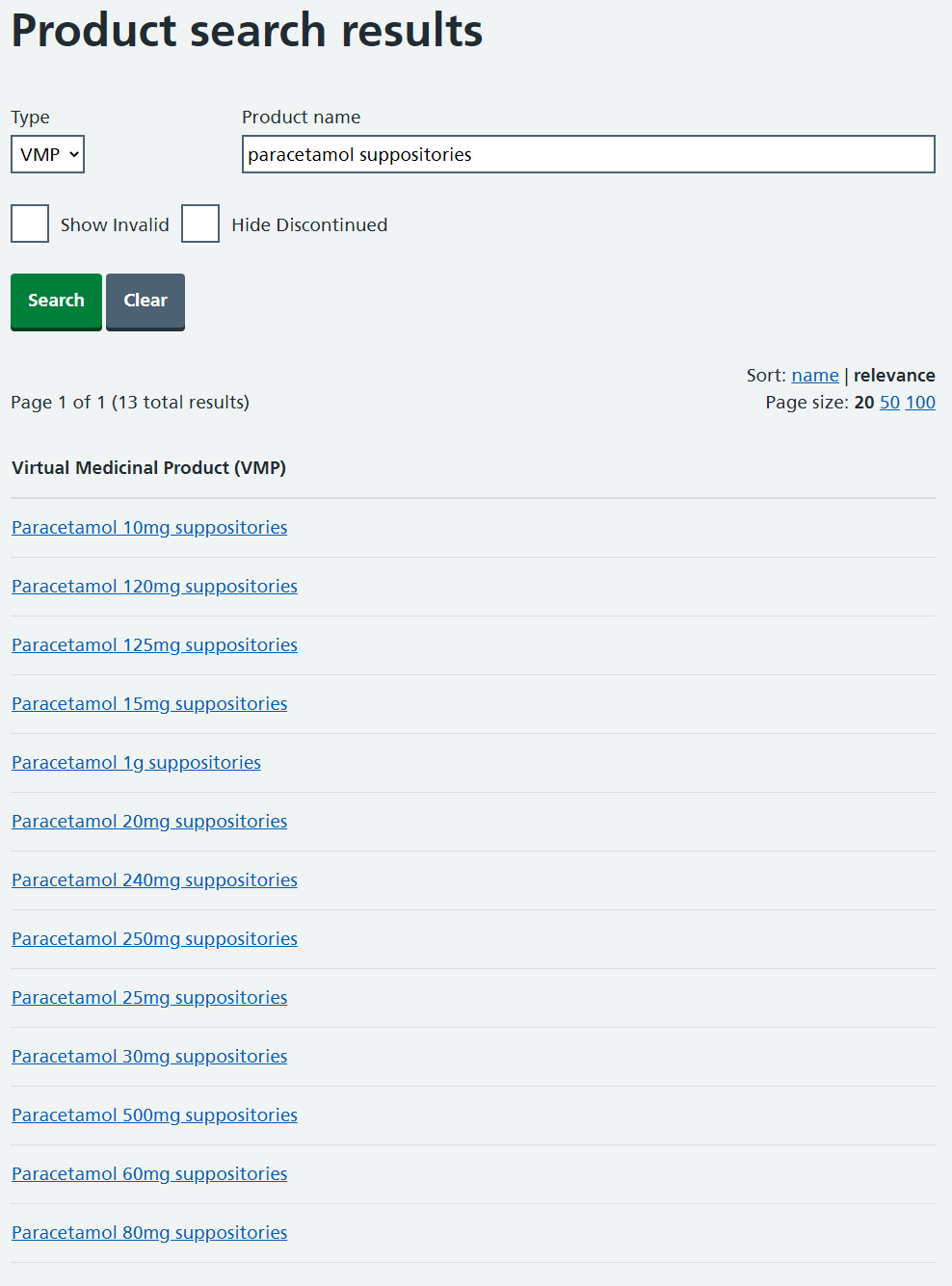 Product search results showing multiple entries of a VMP type of paracetamol suppositories.