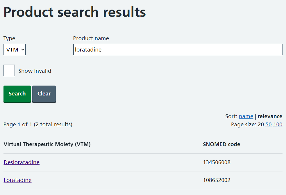 Product search results showing multiple entries of a VTM type of loratadine.